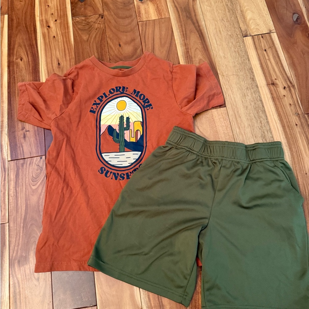 Orange Graphic Tee and Green Shorts Set